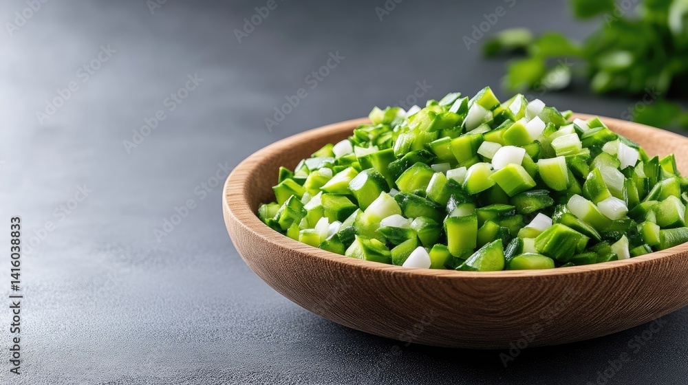 Freshly chopped green onions and cucumbers in a wooden bowl Freshly chopped green onions and cucumbers in a wooden bowl