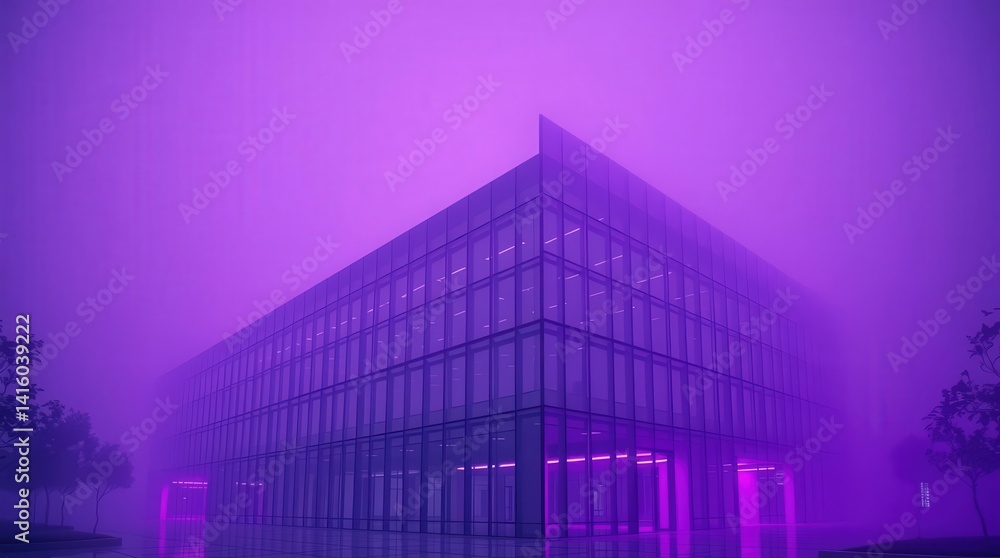 Modern glass building illuminated in vibrant purple fog. Modern glass building illuminated in vibrant purple fog.