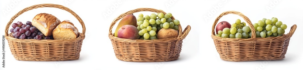 Assorted Fruits and Bread in Wicker Baskets Assorted Fruits and Bread in Wicker Baskets