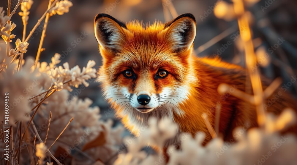 Obraz premium A vibrant red fox amidst autumn foliage, bathed in golden sunlight.