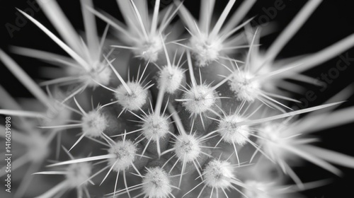 Close-up monochrome cactus spines, desert background, botanical print