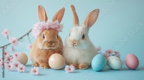 Wallpaper Mural Adorable rabbits photographed with Easter eggs and seasonal flowers against a simple background, perfect for spring holiday themes. Torontodigital.ca