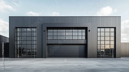 Modern, dark industrial warehouse facade features large windows and a substantial garage door.