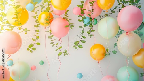 Farewell Party, balloon garland, spring theme, indoors, realism, naturallight, white background, Generative AI illustrations.