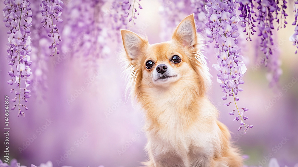 Obraz premium Chihuahua posing under cascading wisteria flowers 