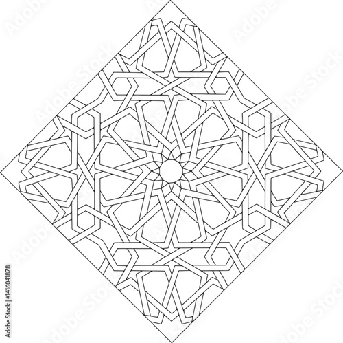 Geometric Symmetry in Islamic Pattern: An elegant display of intricate geometric patterns in black and white, reminiscent of Islamic art's precision and mathematical beauty. 