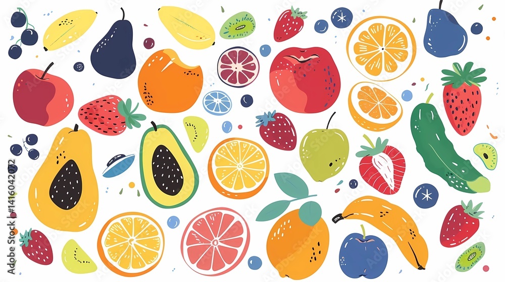 A vector graphic of various fruit, white background, Generative AI illustrations. A vector graphic of various fruit, white background, Generative AI illustrations.