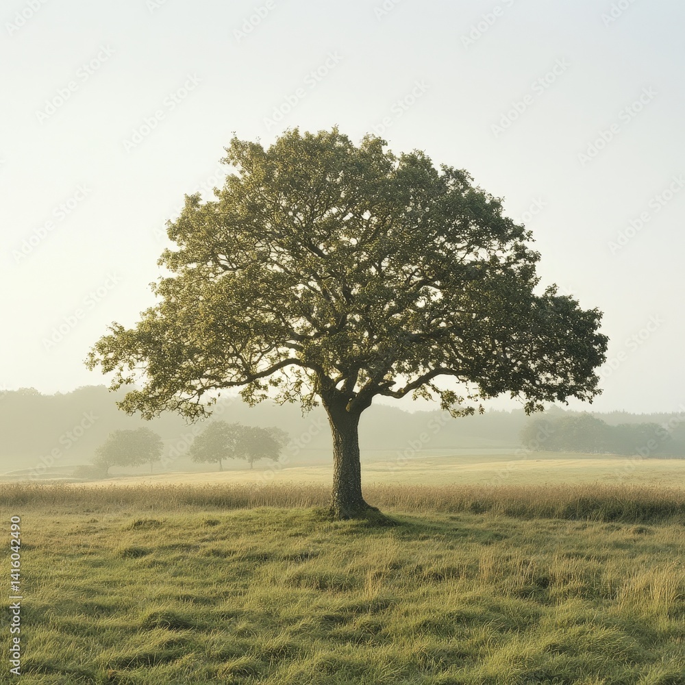 Solitary oak tree stands sentinel in a vast, grassy field. Solitary oak tree stands sentinel in a vast, grassy field.