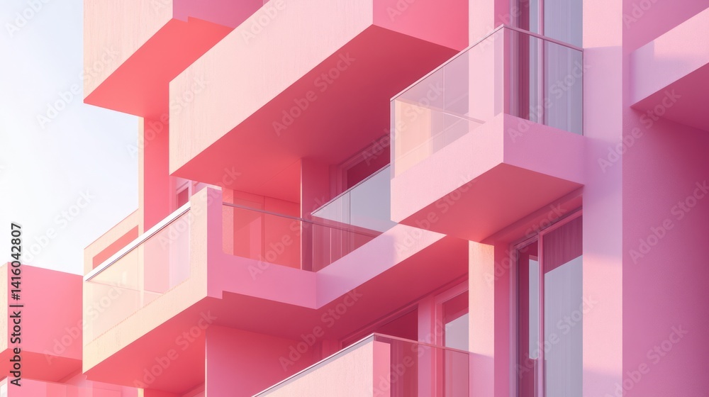 Fototapeta premium Pink building, balconies, sunset, modern architecture, design