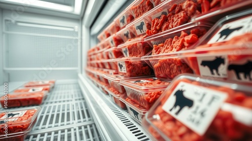 Packaged meat trays in a grocery store cooler.