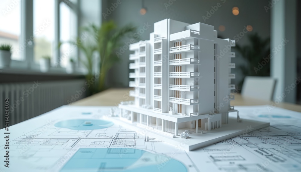 Detailed close-up of architectural designs scale model representing contemporary building project in bright workspace. White scale building model stands on blueprint. Construction, urban planning, Detailed close-up of architectural designs scale model representing contemporary building project in bright workspace. White scale building model stands on blueprint. Construction, urban planning,