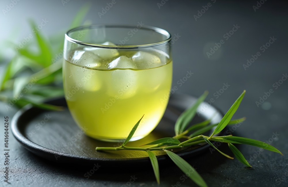 Iced Japanese green tea with ice cubes on black tray. Fresh brewed beverage with bamboo leaves. Healthy drink with asian cultural heritage. Relaxation. Freshness. Summer refreshment. Iced Japanese green tea with ice cubes on black tray. Fresh brewed beverage with bamboo leaves. Healthy drink with asian cultural heritage. Relaxation. Freshness. Summer refreshment.