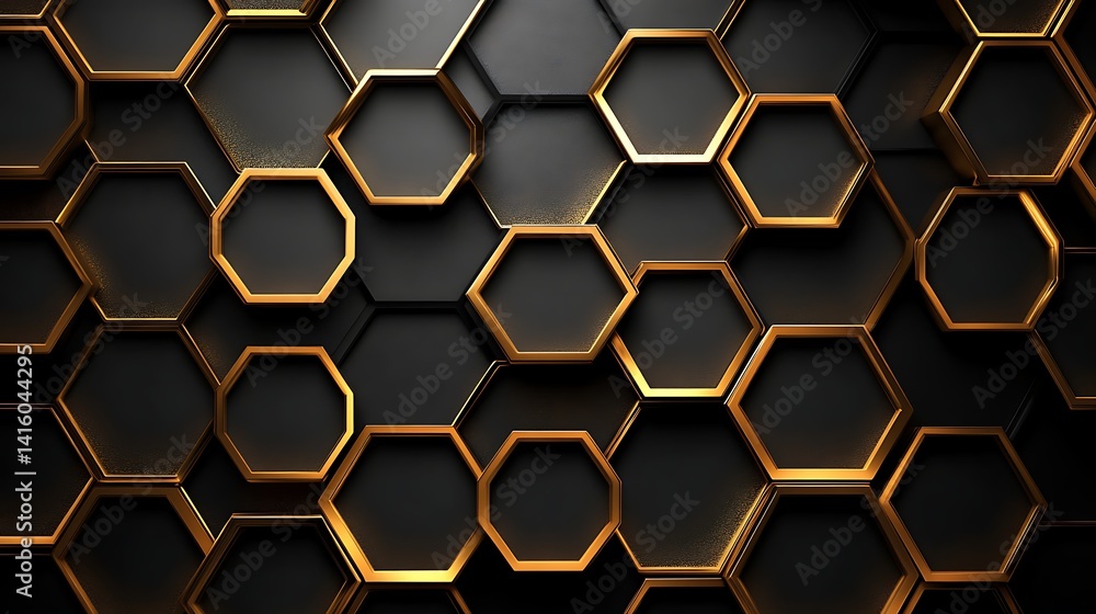 Gold and Black Hexagonal Pattern, Abstract 3D rendering of gold and black hexagonal pattern Gold and Black Hexagonal Pattern, Abstract 3D rendering of gold and black hexagonal pattern
