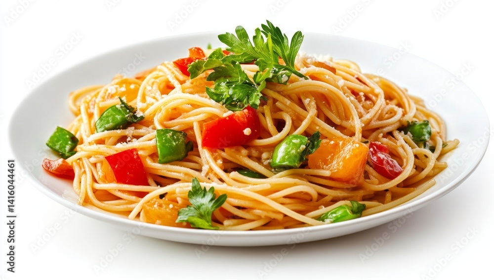Pasta dish with vegetables. A plate of spaghetti tossed with colorful vegetables, herbs, and a light sauce Pasta dish with vegetables. A plate of spaghetti tossed with colorful vegetables, herbs, and a light sauce
