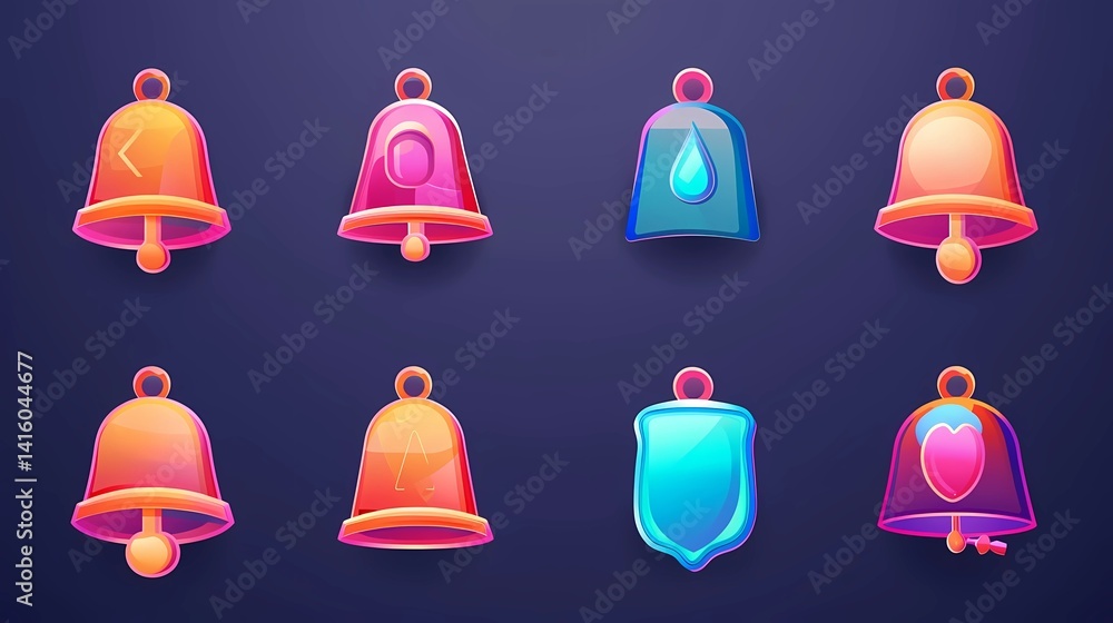 A notification bell icon set, Incoming inbox message, ringing bell, reminder or subscriber sign for apps, smartphone, alarm alert, Generative AI illustrations.