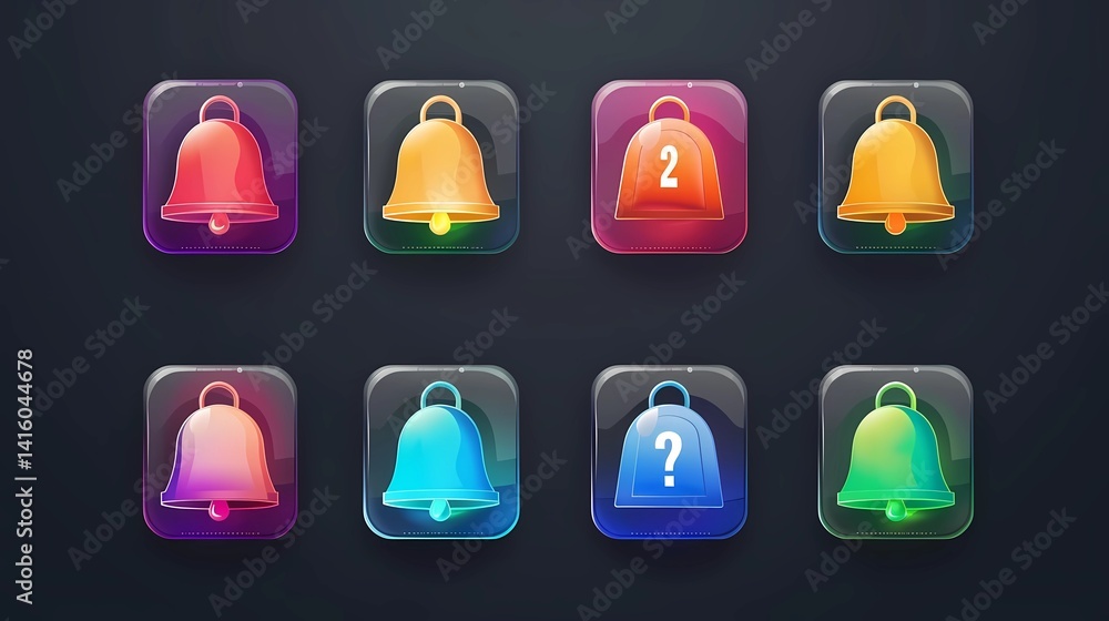 A notification bell icon set, Incoming inbox message, ringing bell, reminder or subscriber sign for apps, smartphone, alarm alert, Generative AI illustrations.