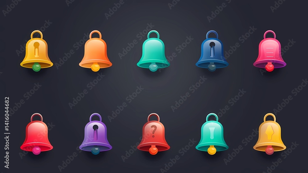 A notification bell icon set, Incoming inbox message, ringing bell, reminder or subscriber sign for apps, smartphone, alarm alert, Generative AI illustrations.