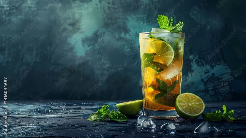 A cocktail with lime and mint in highball glass on a dark stone background, Generative AI illustrations.
