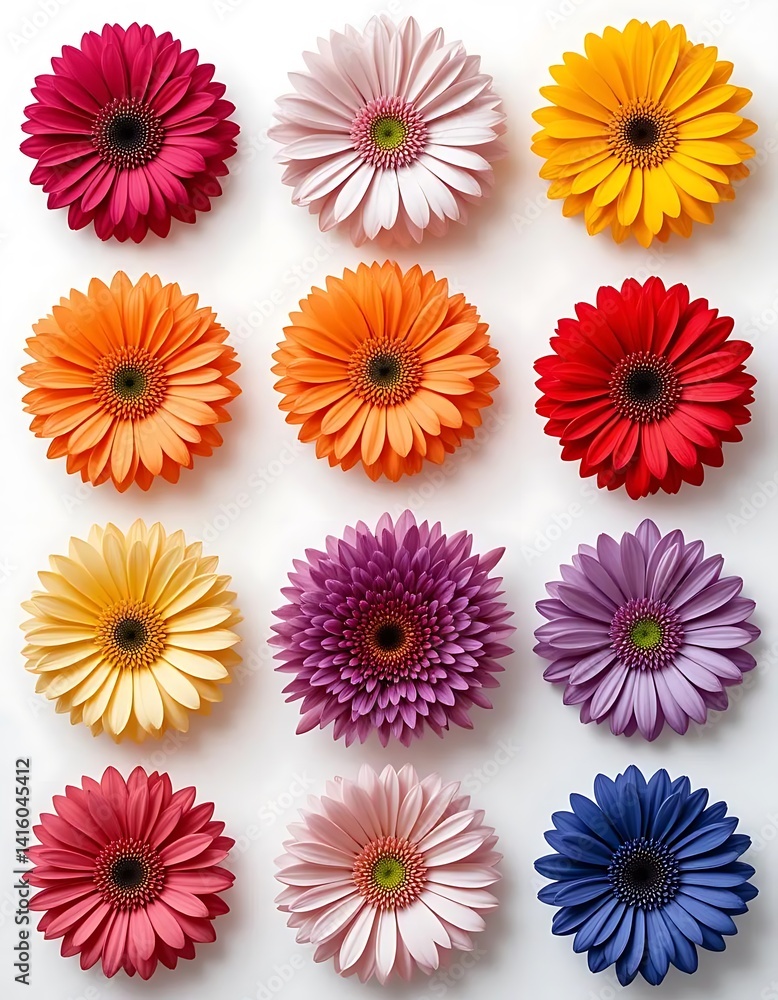 Assorted color gerbera daisy blossoms arranged in a floral still life