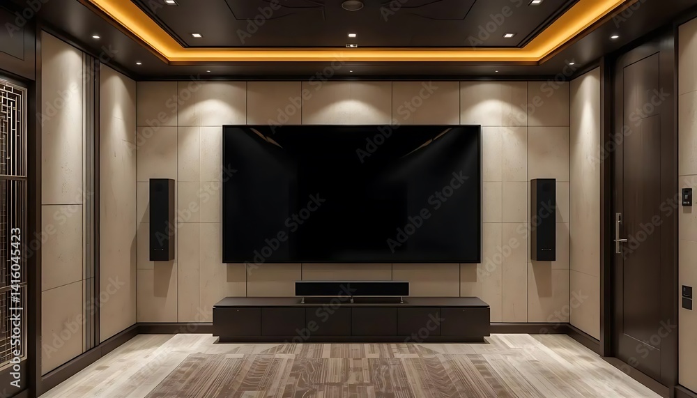 Elegant home theater with oversized screen and integrated audio system