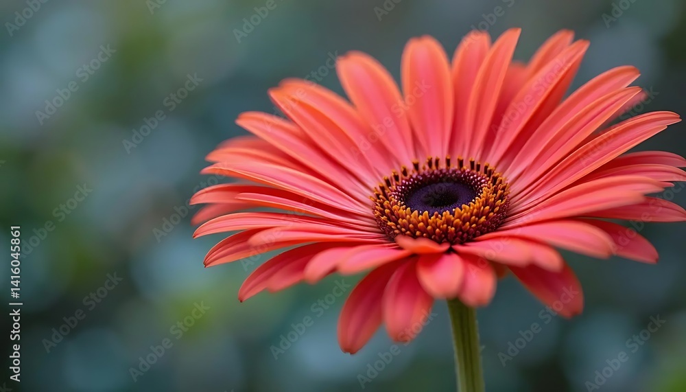Gerbera bloom in vivid coral on a tranquil bokeh background showcase