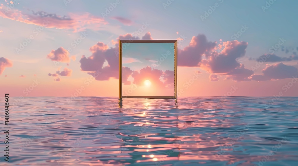 A dreamy fantasy scene, symmetrical straight on shot, empty gold baroque frame in the ocean, design mockup template, golden ratio, Generative AI illustrations.