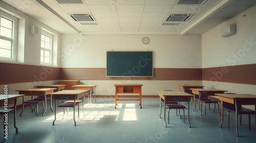 Empty classroom with wooden desks and blackboard.