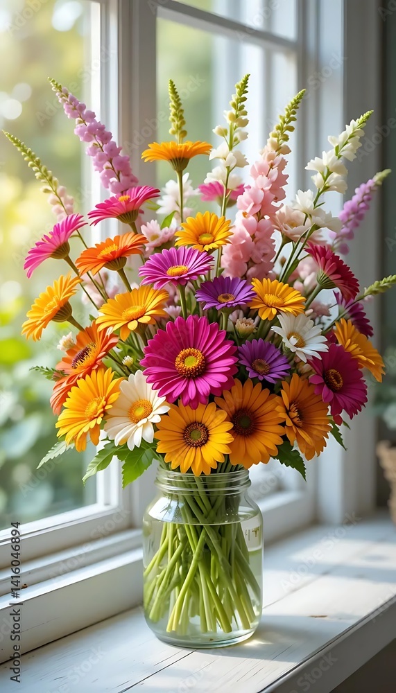 Vibrant floral arrangement in clear vase, bright window backdrop enhancing beauty