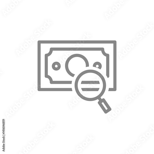 Money bill with a magnifying glass line icon. Search for money or investment in business symbol. Vector illustration.