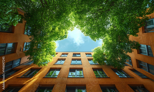 Looking up at a vibrant green tree canopy surrounding a modern brick building under a clear sky