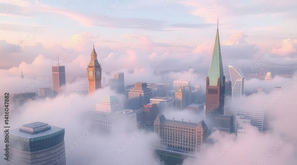 Obraz premium City skyline enveloped in soft clouds at dawn.
