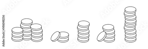 Set of outline gold coins stacks. Finance, investment, business concept. Vector illustration.