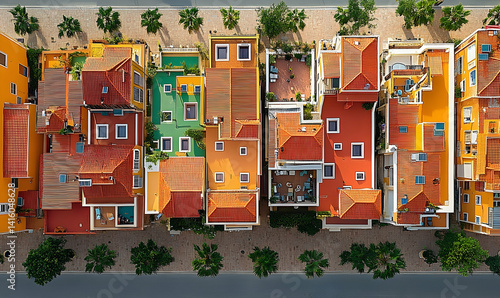 Aerial view of vibrant, colorful houses in a tropical neighborhood with landscaped gardens
