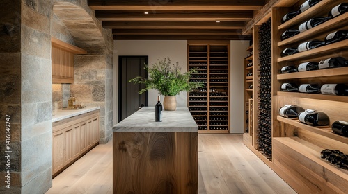 Modern wine cellar with wooden shelves and decor.