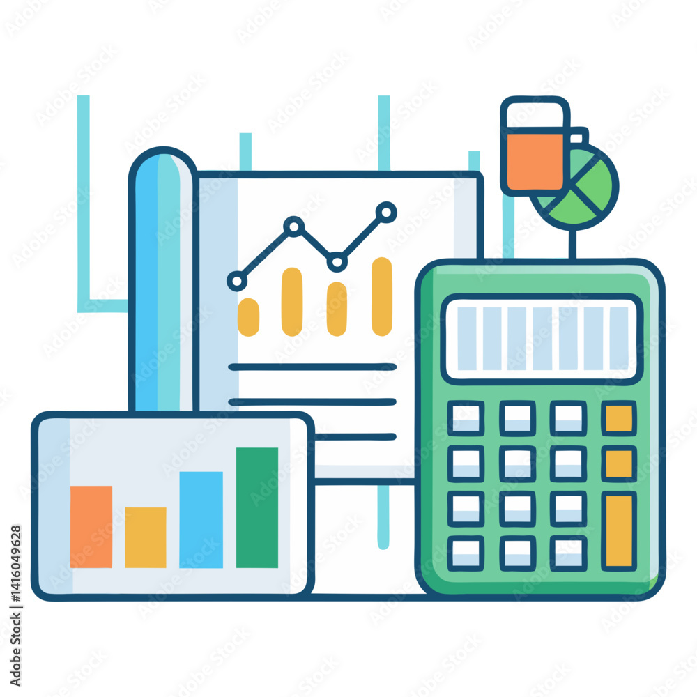 An illustration featuring financial charts, graphs, and a calculator, representing finance or accounting. An illustration featuring financial charts, graphs, and a calculator, representing finance or accounting.