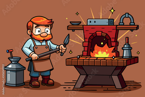 A vibrant illustration of a blacksmith working in a forge with glowing embers, heating metal to craft tools and weapons