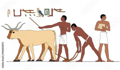 Ancient Egypt farming: A colorful illustration brings to life the essence of ancient Egyptian farming. This image shows a man with a ox in action and other farmers standing still.