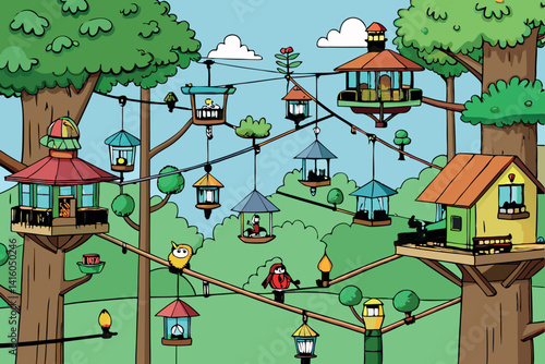 A lively animated jungle with an intricate network of treehouses and ziplines for a fun and adventurous escape