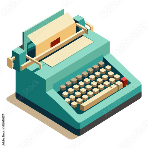 A retro-style, isometric illustration of an aquamarine typewriter with beige keys and paper inserted. It conveys a sense of vintage technology, writing, and nostalgia.