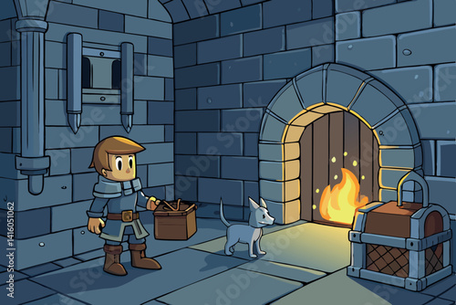 Curious young boy and his faithful dog uncovering the unknown in a dark and eerie castle dungeon, surrounded by stone walls and firelight
