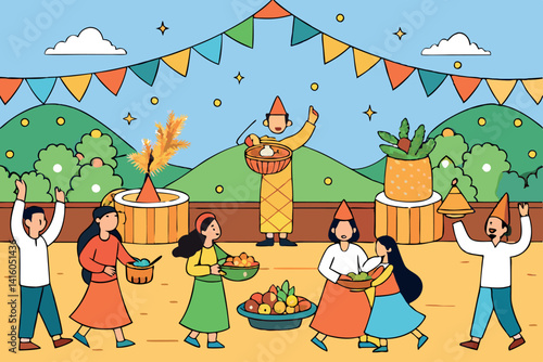 Villagers celebrating harvest season with colorful lanterns, dancing, and enjoying traditional activities outdoors at a lively festival event