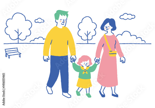 Parents strolling in park holding hands with girl_Color