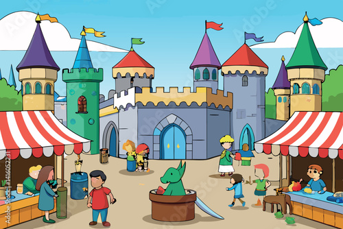 Colorful medieval castle fair scene with children, market stalls, games and fantasy elements in a vibrant animated style