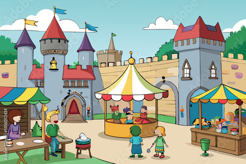 Bright and cheerful cartoon of castle courtyard filled with families, knights, vendors, and fair attractions