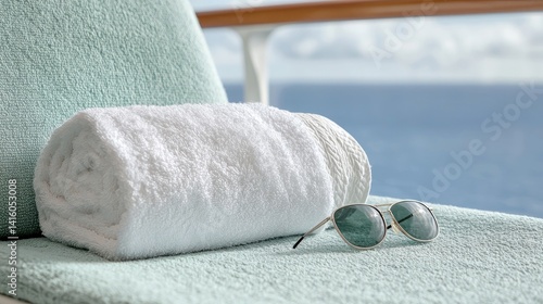 Rolled white towel and sunglasses on a light teal chaise lounge by the ocean