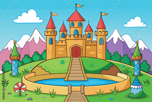 Magnificent fairy tale castle on a hill with colorful flags, towering peaks, and lush green landscapes in a vibrant, cartoonish style