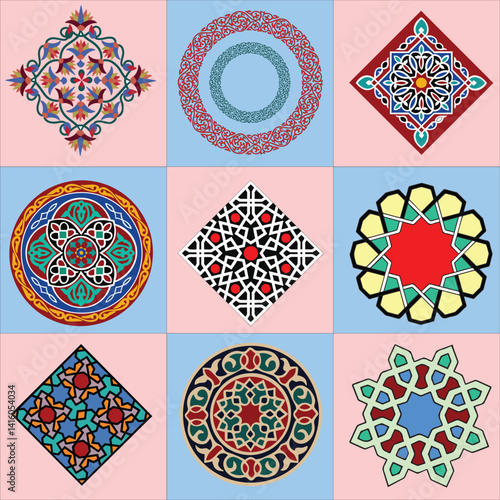 Islamic Geometric Patterns Collection: A vibrant collection of nine distinct Islamic geometric patterns, showcasing intricate details and diverse design elements. Perfect for backgrounds, textiles.