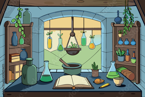 Charming rustic interior with potted plants, herbs, and colorful glass bottles on shelves, creating a serene and natural atmosphere