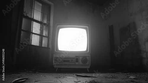 Abandoned building; glowing vintage TV; blank screen; dark room; horror film scene