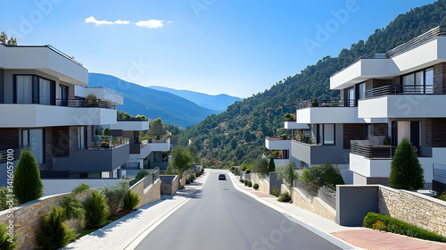 Modern residential architecture along a scenic mountain road under a clear blue sky